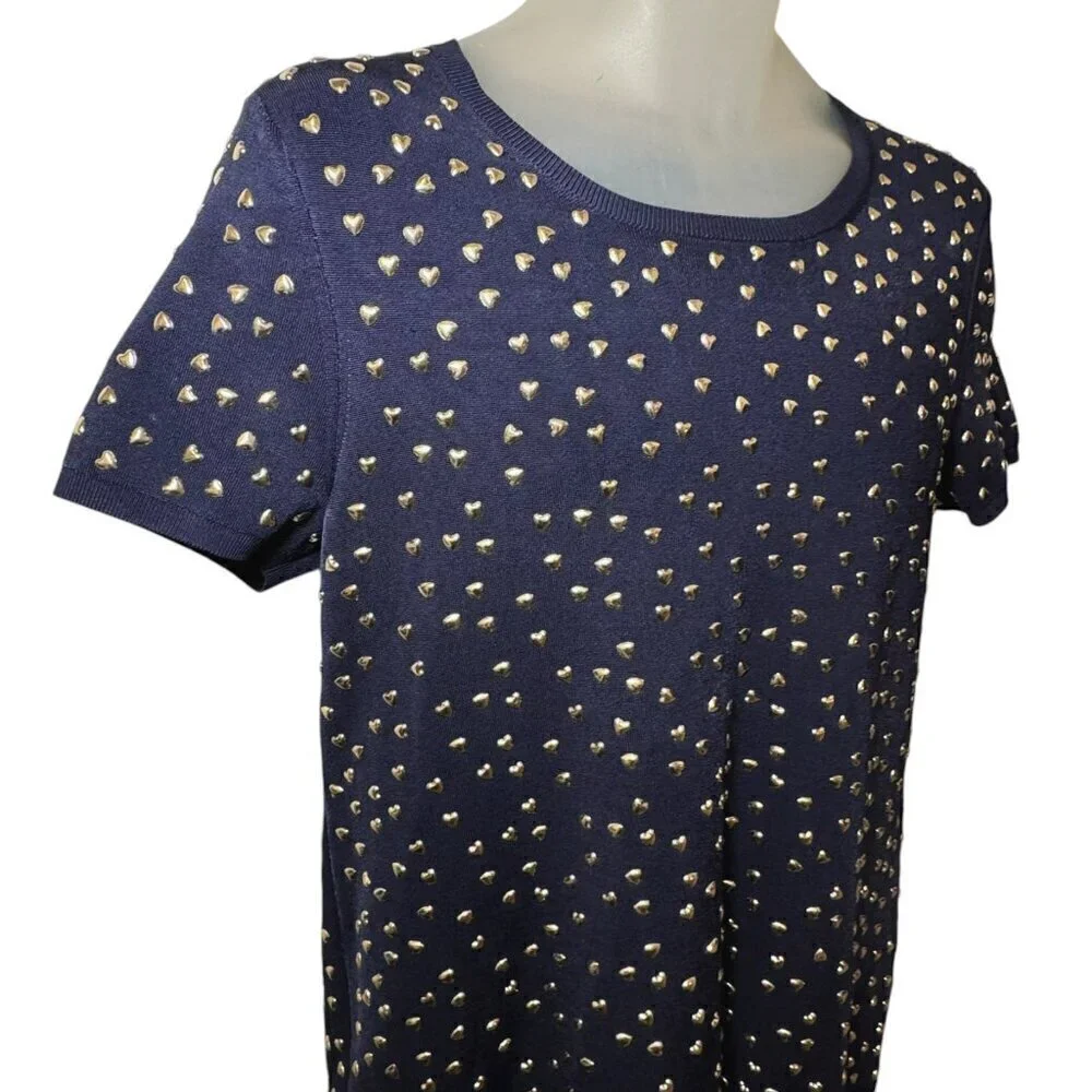 $350 MICHAEL KORS‎ Navy Knit Dress With Gold Heart Studs Size L 10- 12 NEW!